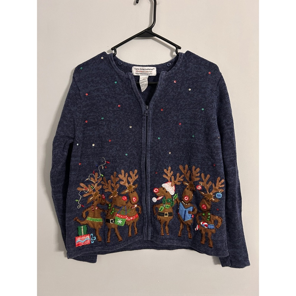 Tiara International Christmas Reindeer Sequin Zip Up Cardigan Sweater Blue Large